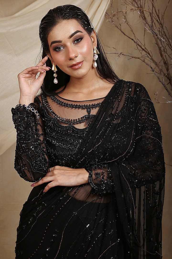 Black Georgette Crystal Hand Embroidered Pre-Draped Wedding Saree Set by LASHA at Pernia's Pop Up Shop