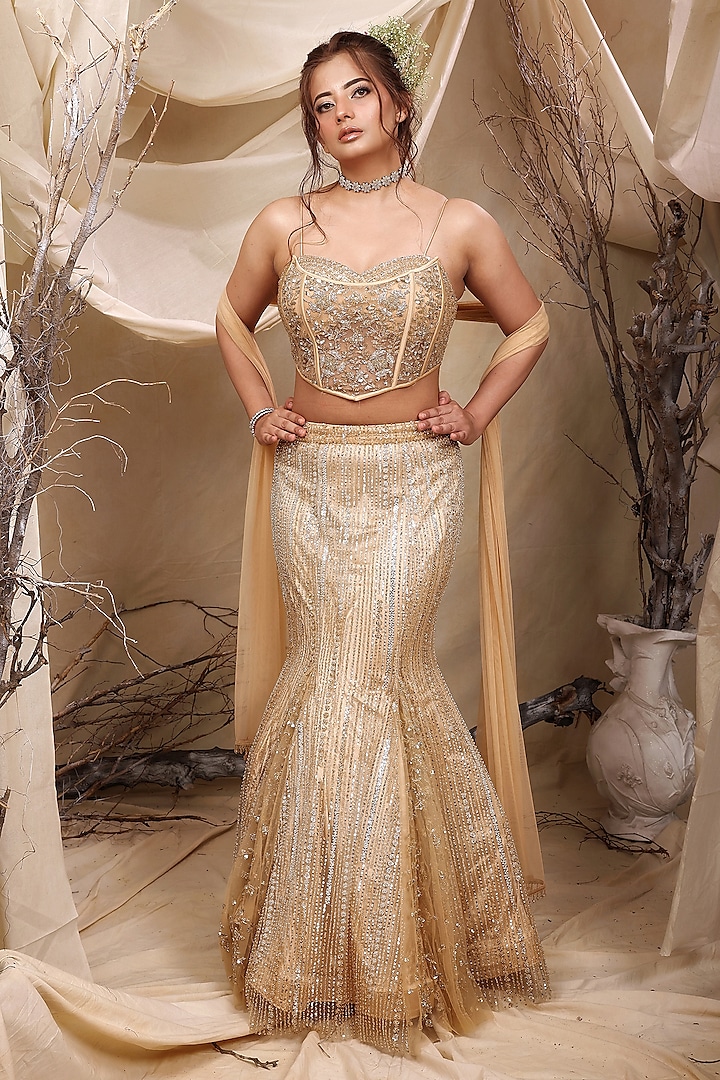 Gold Satin Crystal Hand Embroidered Mermaid Lehenga Set by LASHA