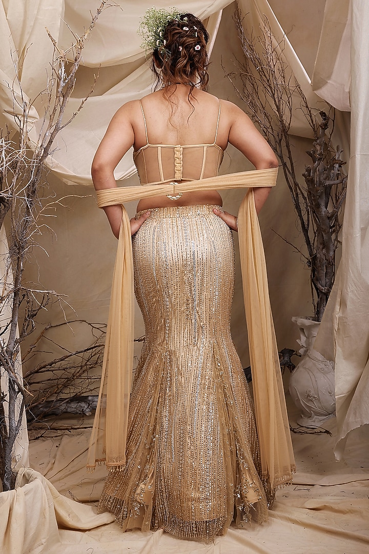 Gold Satin Crystal Hand Embroidered Mermaid Wedding Lehenga Set by LASHA at Pernia's Pop Up Shop