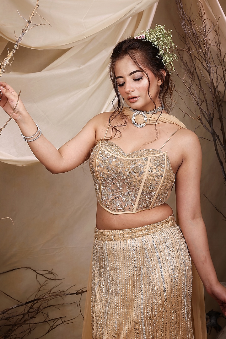 Gold Satin Crystal Hand Embroidered Mermaid Wedding Lehenga Set by LASHA at Pernia's Pop Up Shop