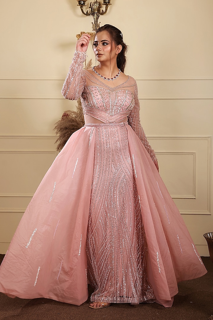 Dusty Pink Tulle Crystal Hand Embroidered Gown by LASHA at Pernia's Pop Up Shop