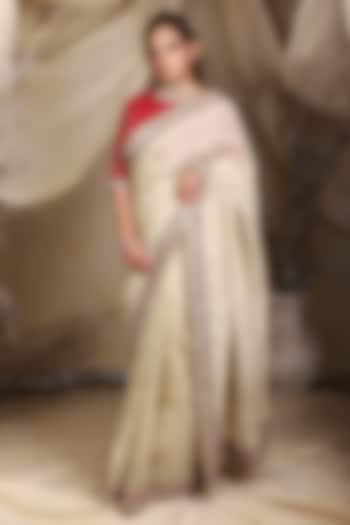 Ivory Tissue Organza Zari Embroidered Saree Set by LASHA at Pernia's Pop Up Shop