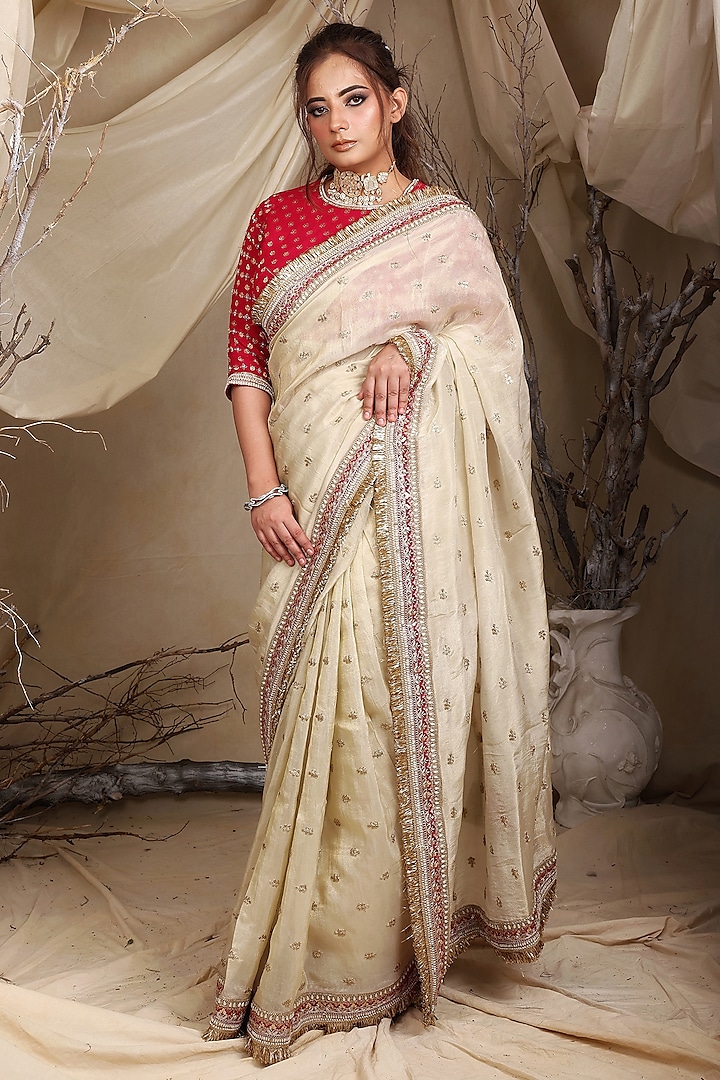 Ivory Tissue Organza Zari Embroidered Saree Set by LASHA at Pernia's Pop Up Shop