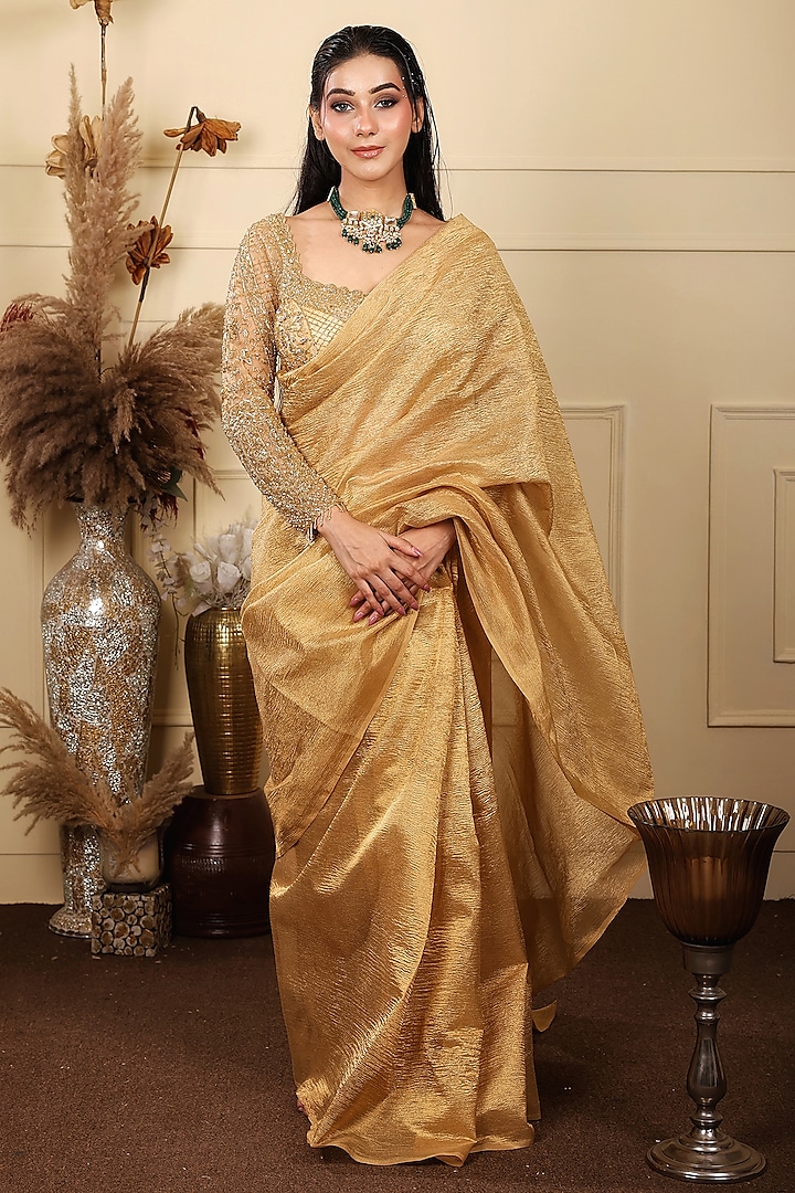 Gold Crushed Tissue Saree Set by LASHA