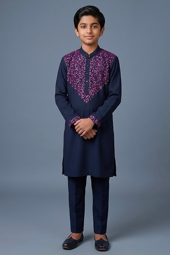 Dark Blue Cotton Viscose Glass Embroidered Kurta Set For Boys by Line by Shamim Khan Kids at Pernia's Pop Up Shop