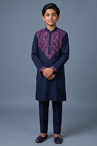 Dark Blue Cotton Viscose Glass Embroidered Kurta Set For Boys by Line by Shamim Khan Kids