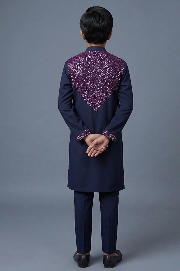 Dark Blue Cotton Viscose Glass Embroidered Kurta Set For Boys by Line by Shamim Khan Kids at Pernia's Pop Up Shop