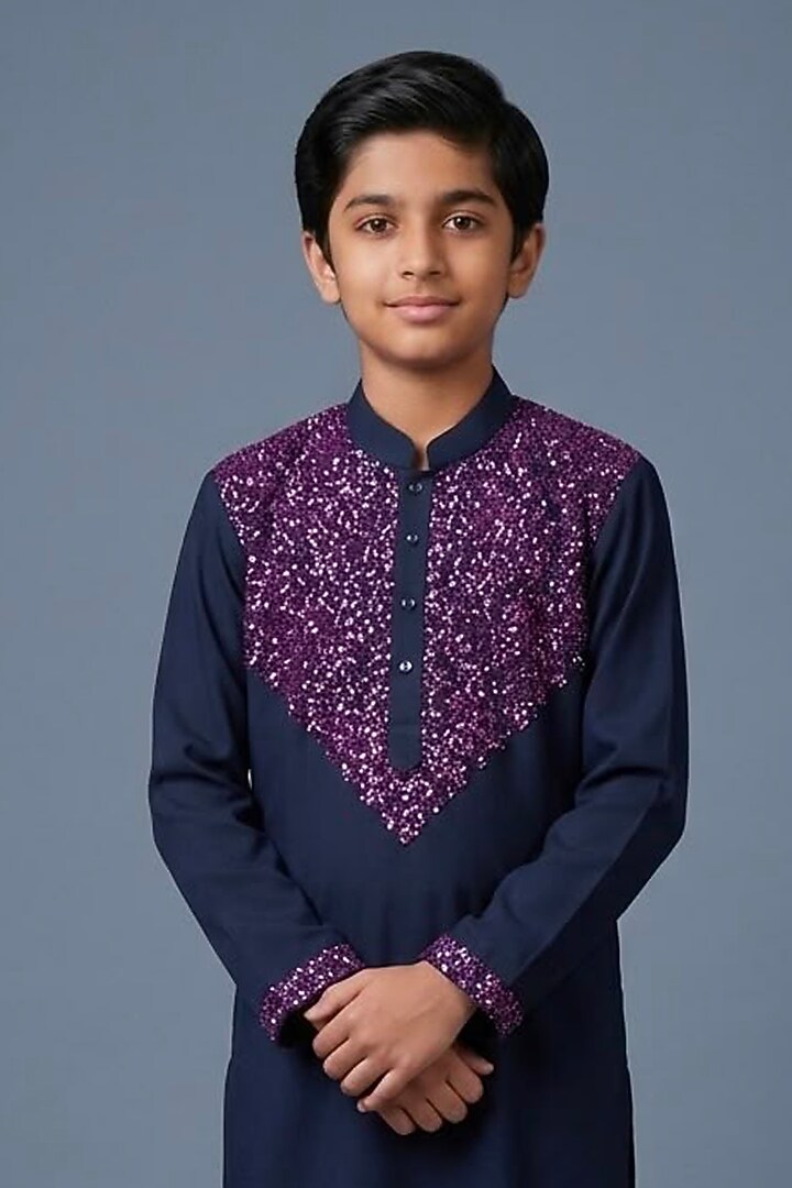 Dark Blue Cotton Viscose Glass Embroidered Kurta Set For Boys by Line by Shamim Khan Kids at Pernia's Pop Up Shop