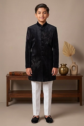 Black Velvet Glass Embroidered Indo-Western Set For Boys by Line by Shamim Khan Kids