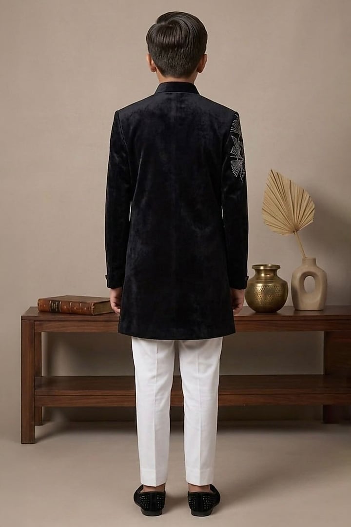 Black Velvet Glass Embroidered Indo-Western Set For Boys by Line by Shamim Khan Kids at Pernia's Pop Up Shop