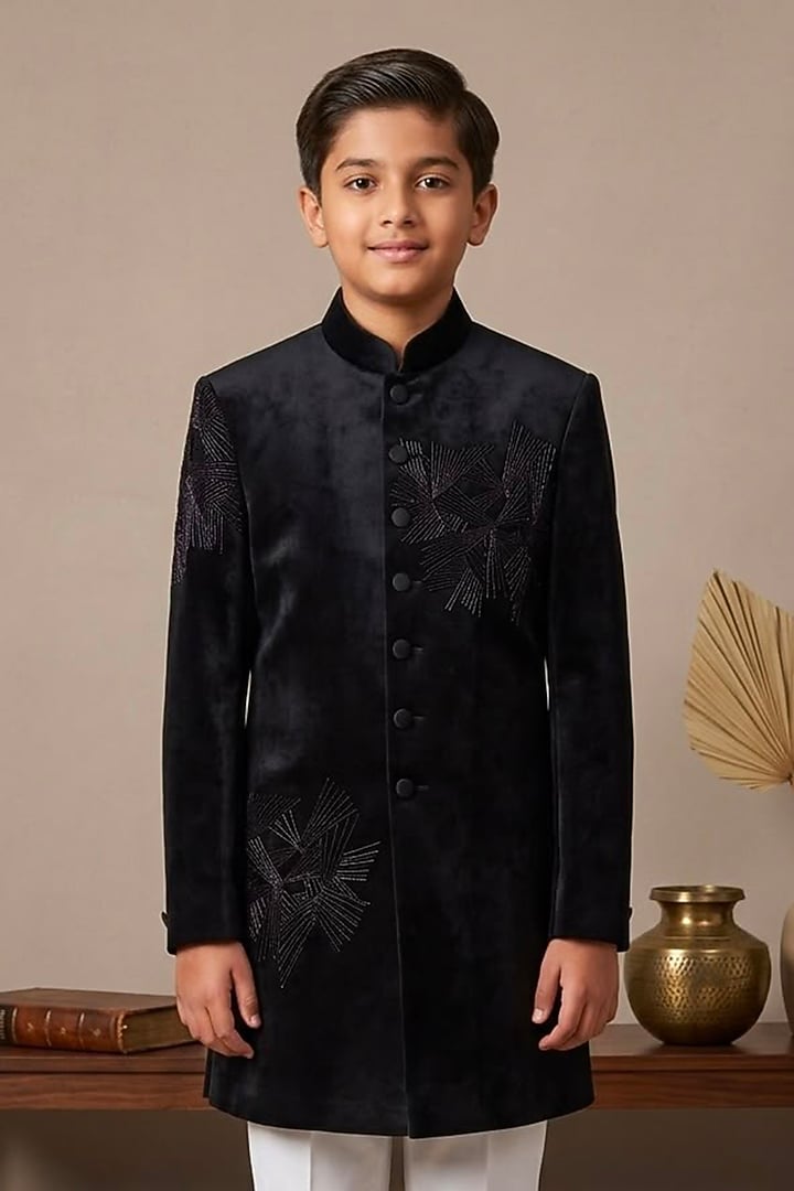 Black Velvet Glass Embroidered Indo-Western Set For Boys by Line by Shamim Khan Kids at Pernia's Pop Up Shop