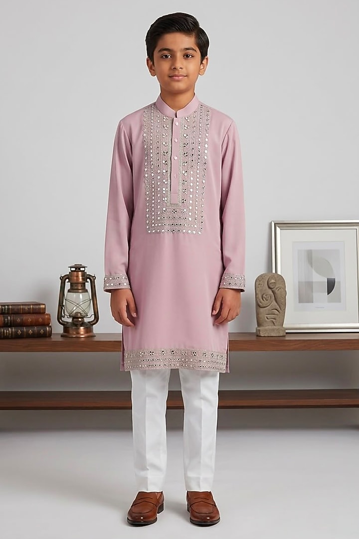 Rose Pink Japanese Fabric Glass Embroidered Kurta Set For Boys by Line by Shamim Khan Kids at Pernia's Pop Up Shop