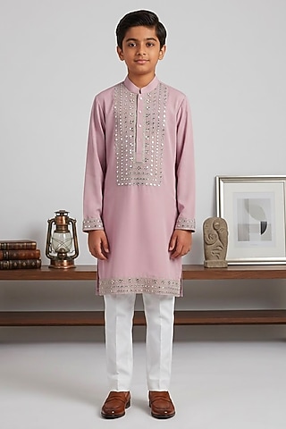 Rose Pink Japanese Fabric Glass Embroidered Kurta Set For Boys by Line by Shamim Khan Kids