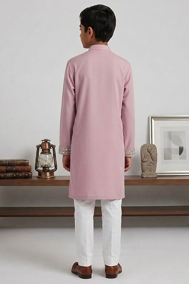 Rose Pink Japanese Fabric Glass Embroidered Kurta Set For Boys by Line by Shamim Khan Kids at Pernia's Pop Up Shop