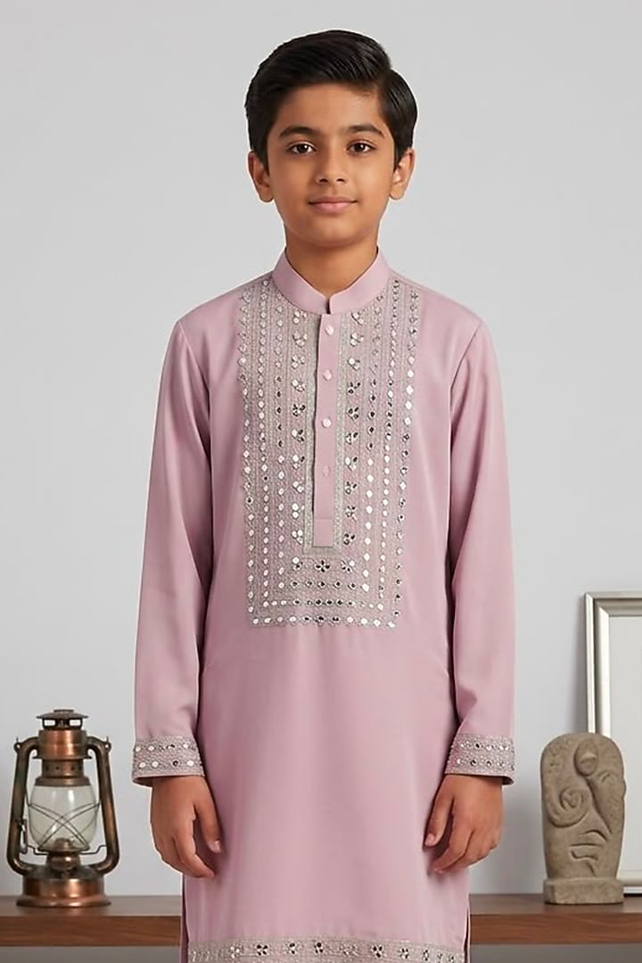Rose Pink Japanese Fabric Glass Embroidered Kurta Set For Boys by Line by Shamim Khan Kids at Pernia's Pop Up Shop