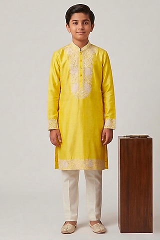 Yellow Dupion Silk Glass Embroidered Kurta Set For Boys by Line by Shamim Khan Kids