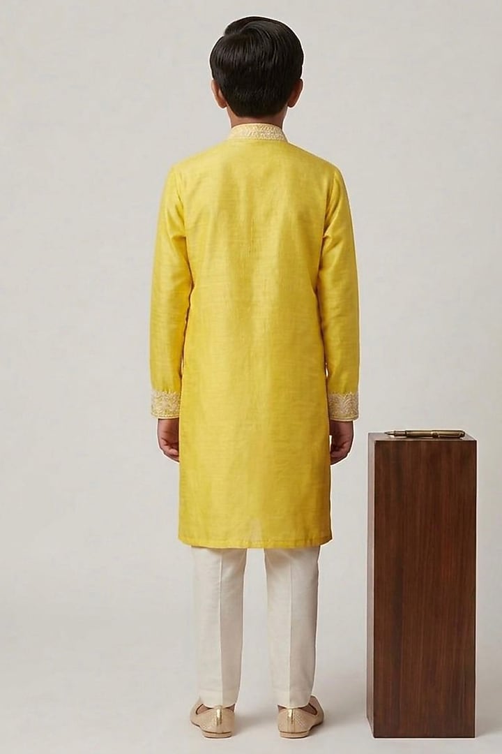 Yellow Dupion Silk Glass Embroidered Kurta Set For Boys by Line by Shamim Khan Kids at Pernia's Pop Up Shop