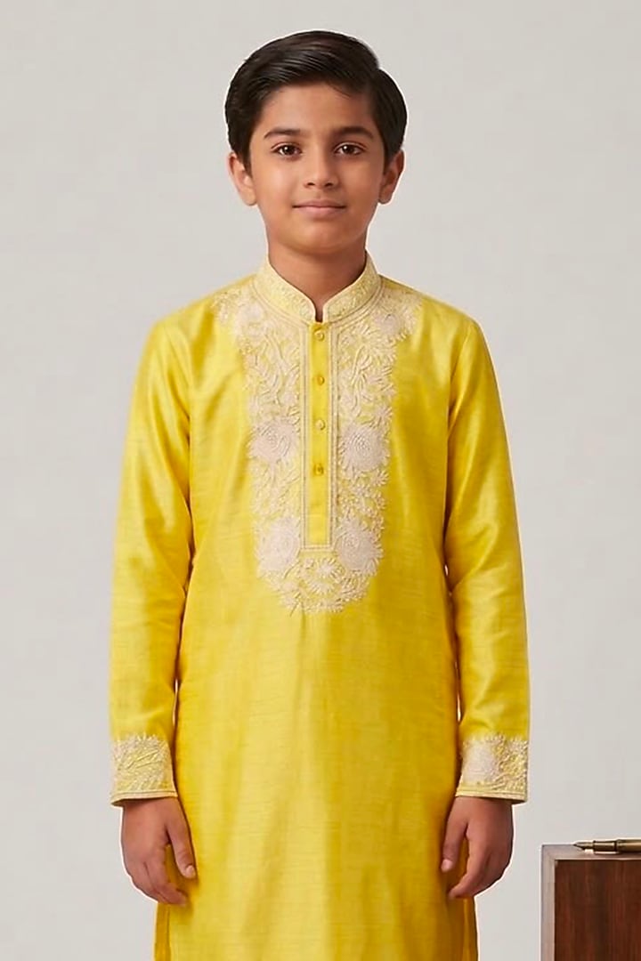 Yellow Dupion Silk Glass Embroidered Kurta Set For Boys by Line by Shamim Khan Kids at Pernia's Pop Up Shop