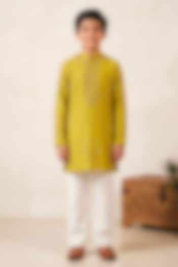 Greenish Yellow Cotton Silk Glass Embroidered Kurta Set For Boys by Line by Shamim Khan Kids at Pernia's Pop Up Shop