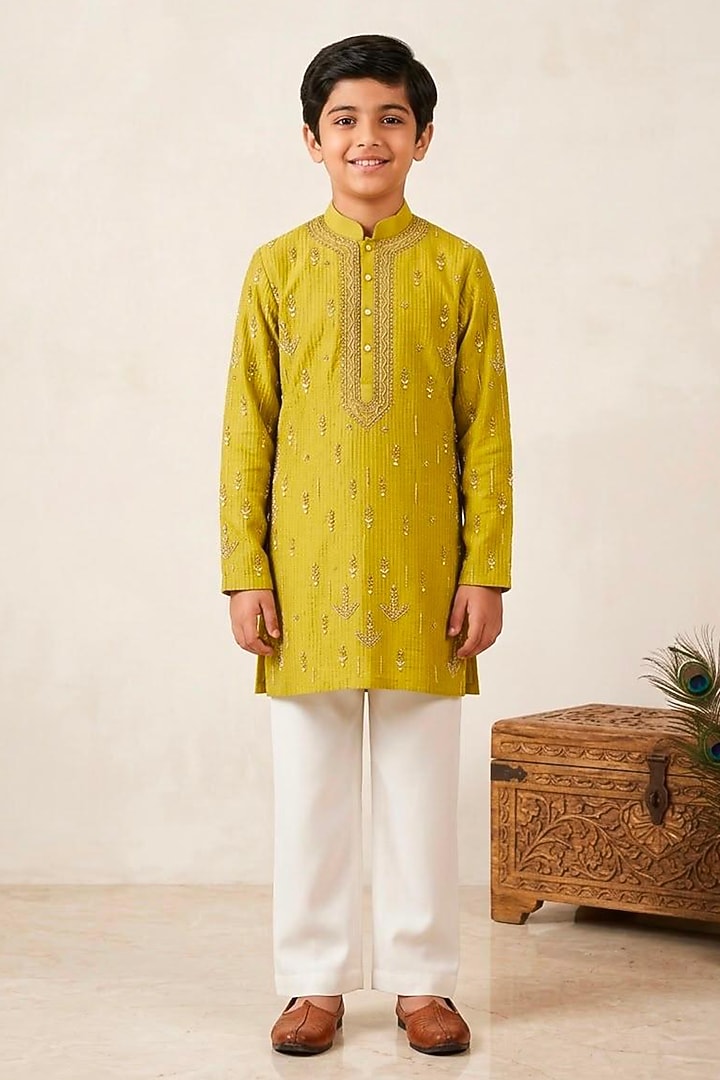 Greenish Yellow Cotton Silk Glass Embroidered Kurta Set For Boys by Line by Shamim Khan Kids at Pernia's Pop Up Shop