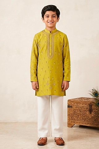 Greenish Yellow Cotton Silk Glass Embroidered Kurta Set For Boys by Line by Shamim Khan Kids