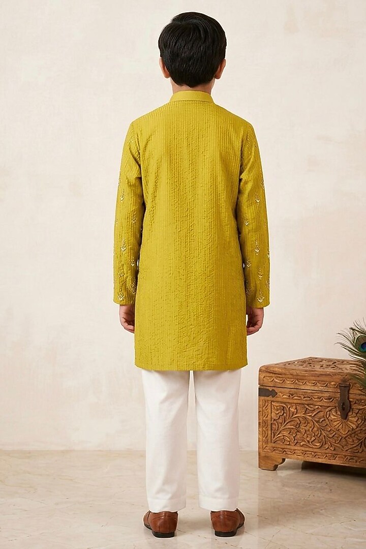 Greenish Yellow Cotton Silk Glass Embroidered Kurta Set For Boys by Line by Shamim Khan Kids at Pernia's Pop Up Shop