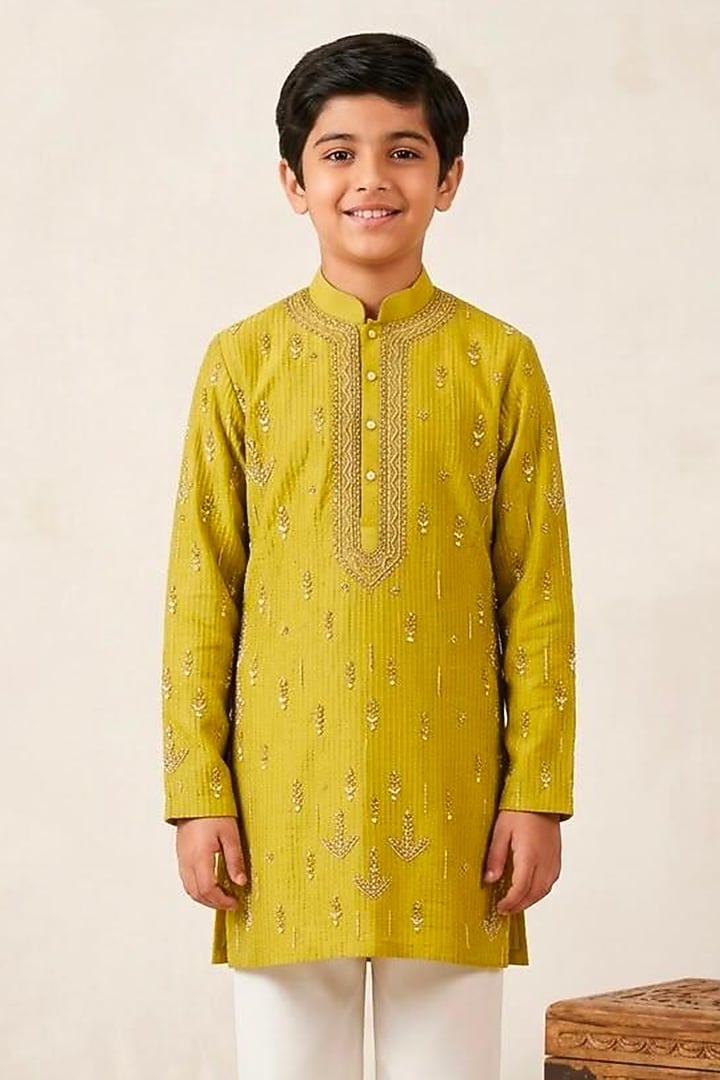 Greenish Yellow Cotton Silk Glass Embroidered Kurta Set For Boys by Line by Shamim Khan Kids at Pernia's Pop Up Shop