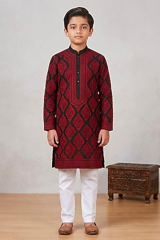 Black-Red Cotton Silk Glass Embroidered Kurta Set For Boys by Line by Shamim Khan Kids
