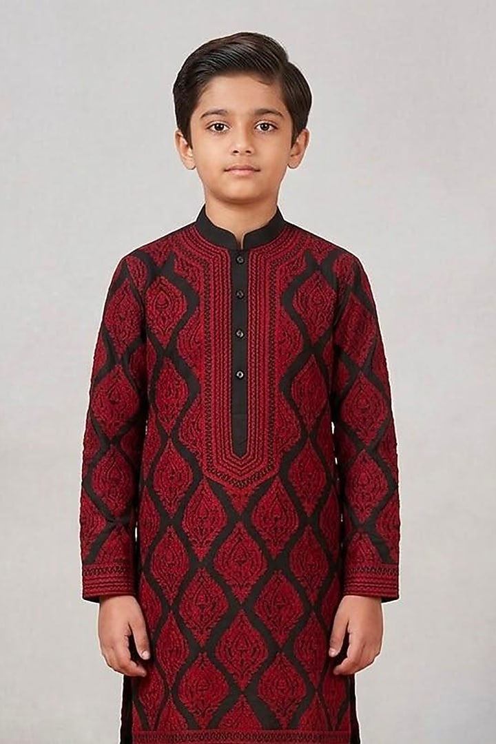 Black-Red Cotton Silk Glass Embroidered Kurta Set For Boys by Line by Shamim Khan Kids at Pernia's Pop Up Shop