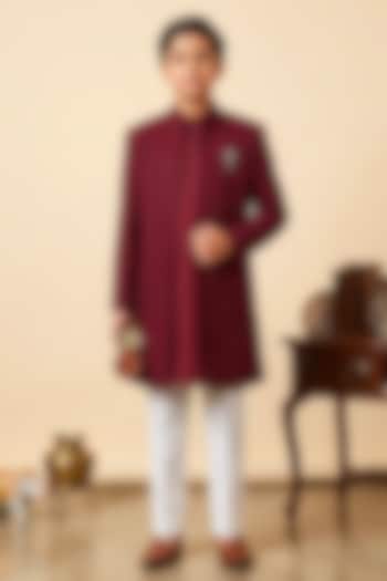 Wine Cotton Silk Glass Embroidered Indo-Western Set For Boys by Line by Shamim Khan Kids at Pernia's Pop Up Shop
