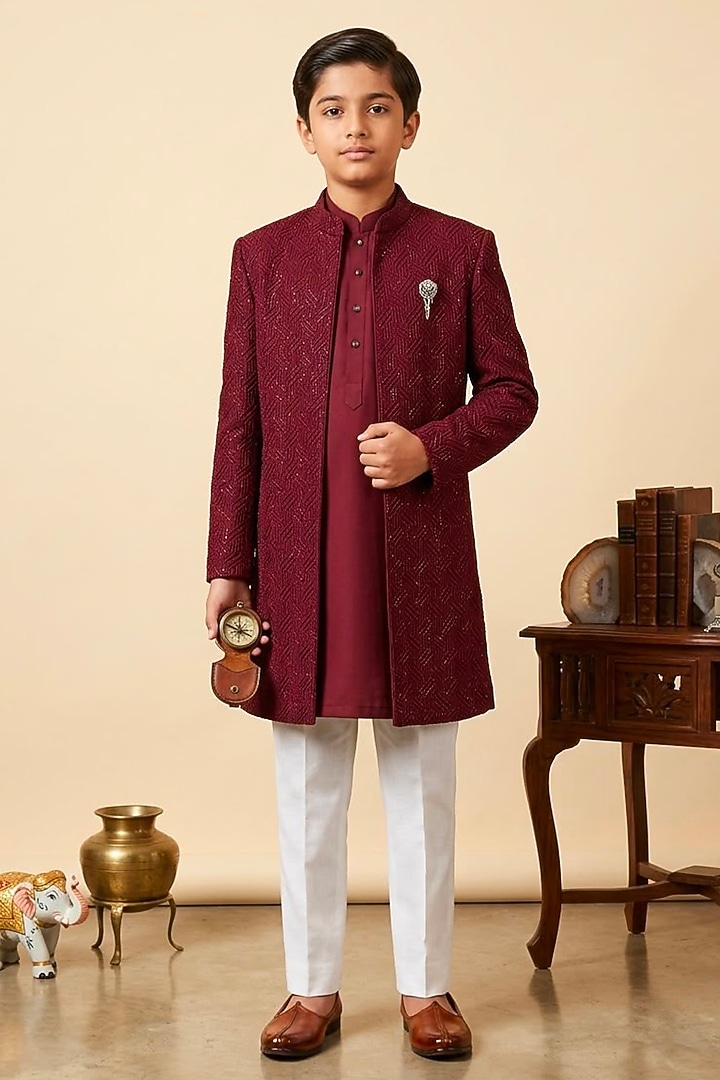 Wine Cotton Silk Glass Embroidered Indo-Western Set For Boys by Line by Shamim Khan Kids at Pernia's Pop Up Shop