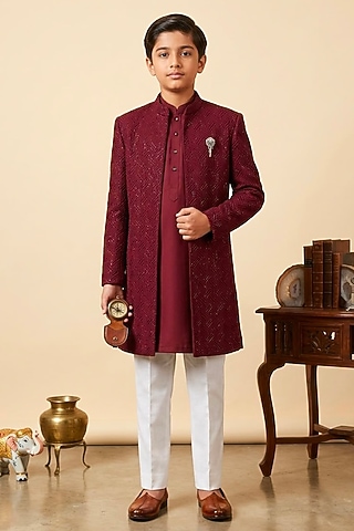 Wine Cotton Silk Glass Embroidered Indo-Western Set For Boys by Line by Shamim Khan Kids