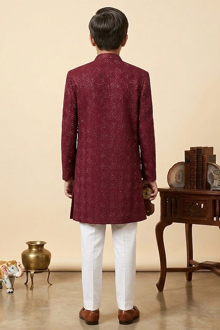 Wine Cotton Silk Glass Embroidered Indo-Western Set For Boys by Line by Shamim Khan Kids at Pernia's Pop Up Shop