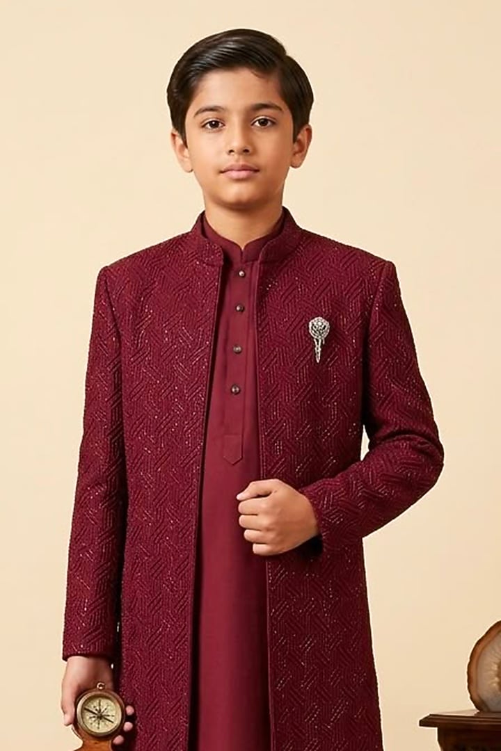 Wine Cotton Silk Glass Embroidered Indo-Western Set For Boys by Line by Shamim Khan Kids at Pernia's Pop Up Shop