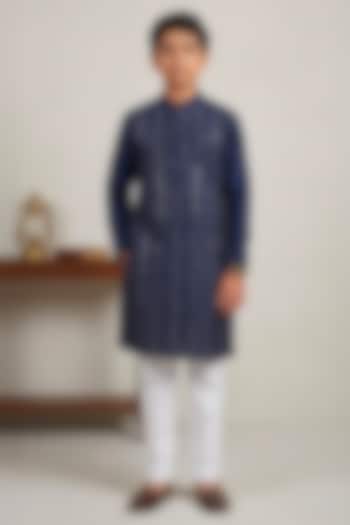 Dark Blue Raw Silk Glass Embroidered Kurta Set For Boys by Line by Shamim Khan Kids at Pernia's Pop Up Shop