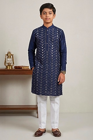 Dark Blue Raw Silk Glass Embroidered Kurta Set For Boys by Line by Shamim Khan Kids