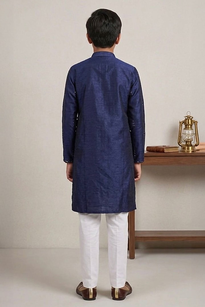 Dark Blue Raw Silk Glass Embroidered Kurta Set For Boys by Line by Shamim Khan Kids at Pernia's Pop Up Shop