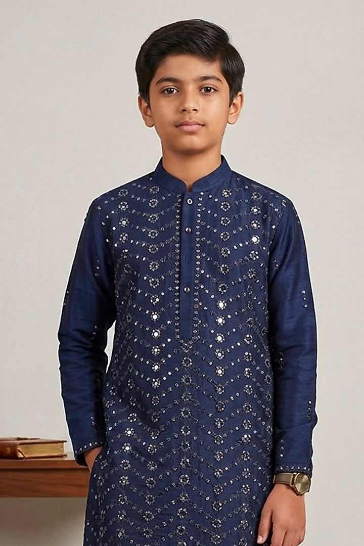 Dark Blue Raw Silk Glass Embroidered Kurta Set For Boys by Line by Shamim Khan Kids at Pernia's Pop Up Shop