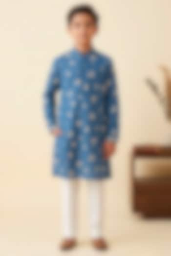 Indigo Blue Chanderi Glass Embroidered Kurta Set For Boys by Line by Shamim Khan Kids at Pernia's Pop Up Shop