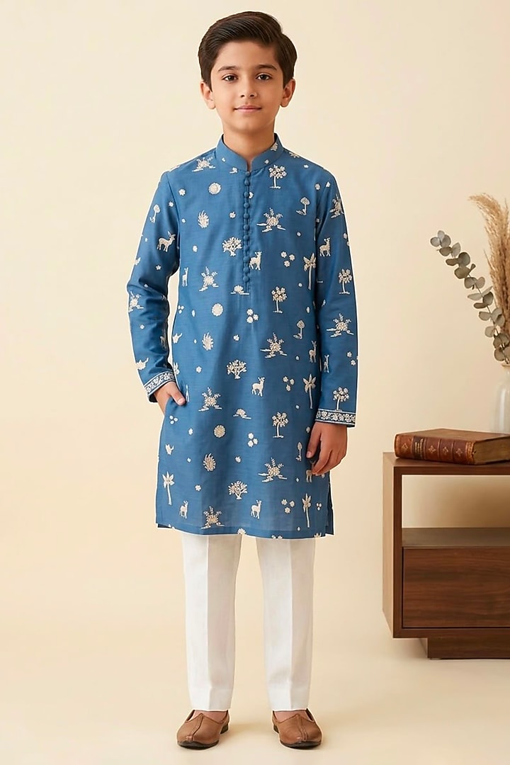 Indigo Blue Chanderi Glass Embroidered Kurta Set For Boys by Line by Shamim Khan Kids at Pernia's Pop Up Shop