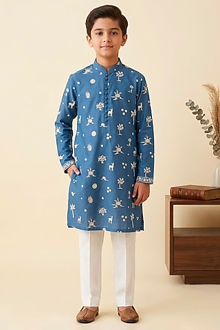 Indigo Blue Chanderi Glass Embroidered Kurta Set For Boys by Line by Shamim Khan Kids