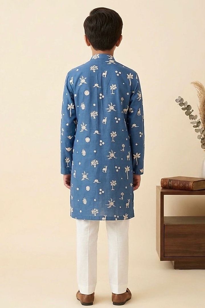 Indigo Blue Chanderi Glass Embroidered Kurta Set For Boys by Line by Shamim Khan Kids at Pernia's Pop Up Shop