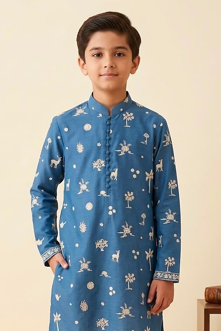 Indigo Blue Chanderi Glass Embroidered Kurta Set For Boys by Line by Shamim Khan Kids at Pernia's Pop Up Shop