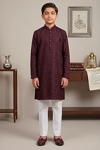 Wine Cotton Silk Glass Embroidered Kurta Set For Boys by Line by Shamim Khan Kids