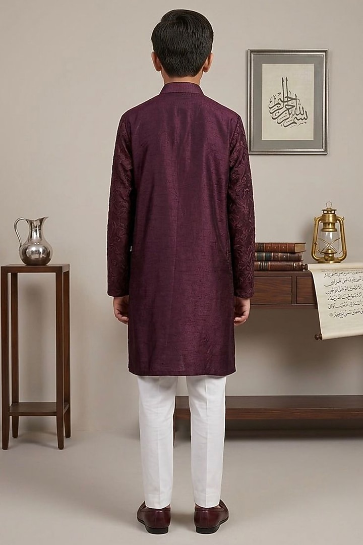 Wine Cotton Silk Glass Embroidered Kurta Set For Boys by Line by Shamim Khan Kids at Pernia's Pop Up Shop
