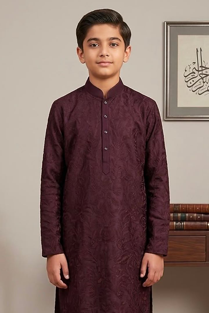 Wine Cotton Silk Glass Embroidered Kurta Set For Boys by Line by Shamim Khan Kids at Pernia's Pop Up Shop