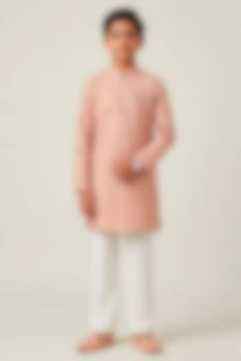 Peach Cotton Silk Glass Embroidered Kurta Set For Boys by Line by Shamim Khan Kids at Pernia's Pop Up Shop