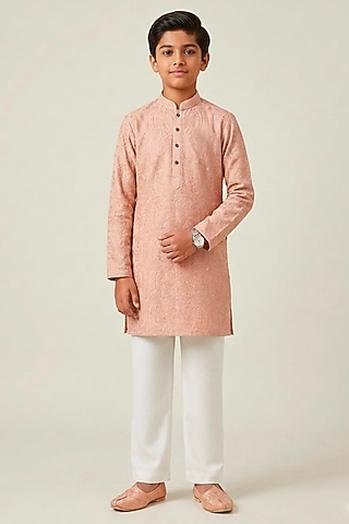 Peach Cotton Silk Glass Embroidered Kurta Set For Boys by Line by Shamim Khan Kids