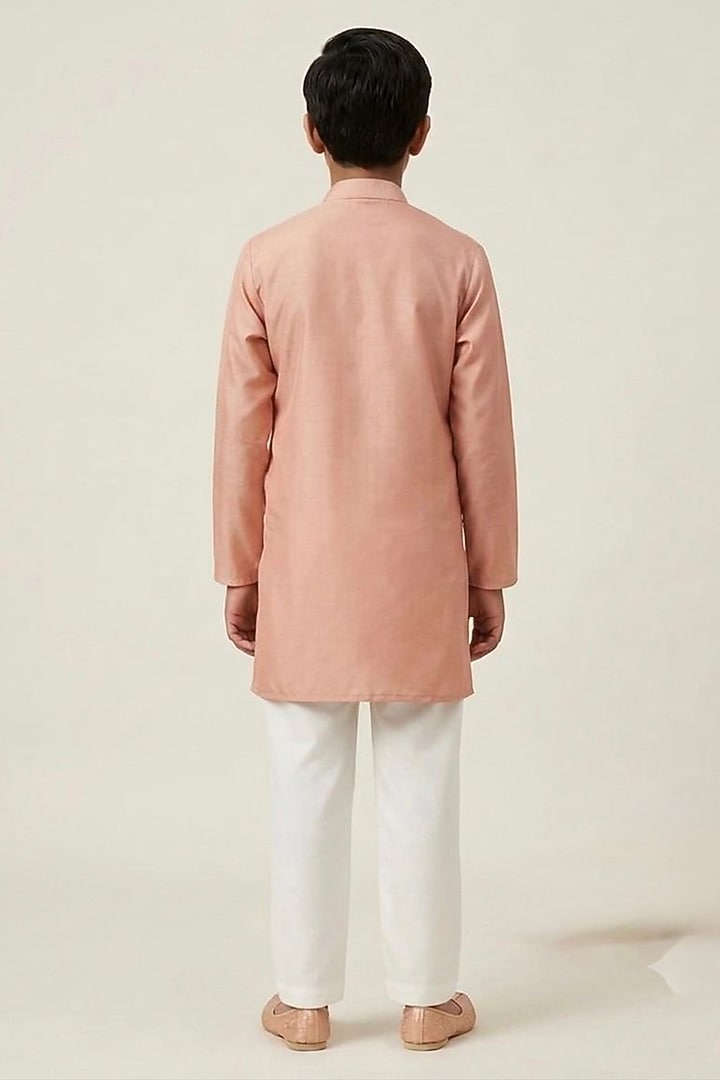 Peach Cotton Silk Glass Embroidered Kurta Set For Boys by Line by Shamim Khan Kids at Pernia's Pop Up Shop