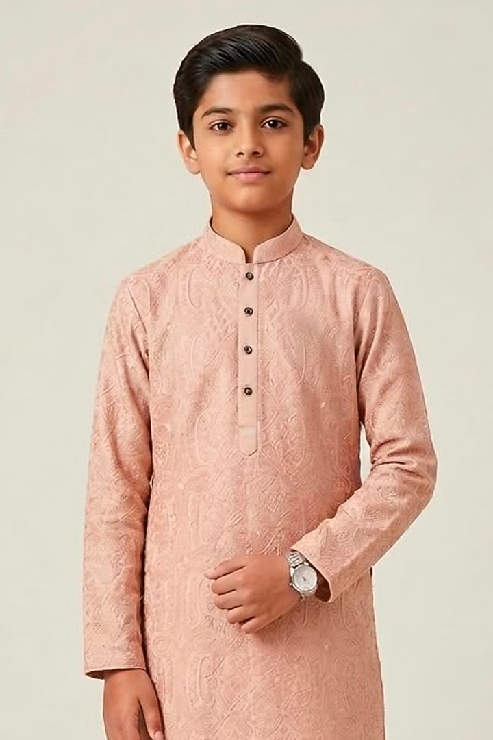 Peach Cotton Silk Glass Embroidered Kurta Set For Boys by Line by Shamim Khan Kids at Pernia's Pop Up Shop